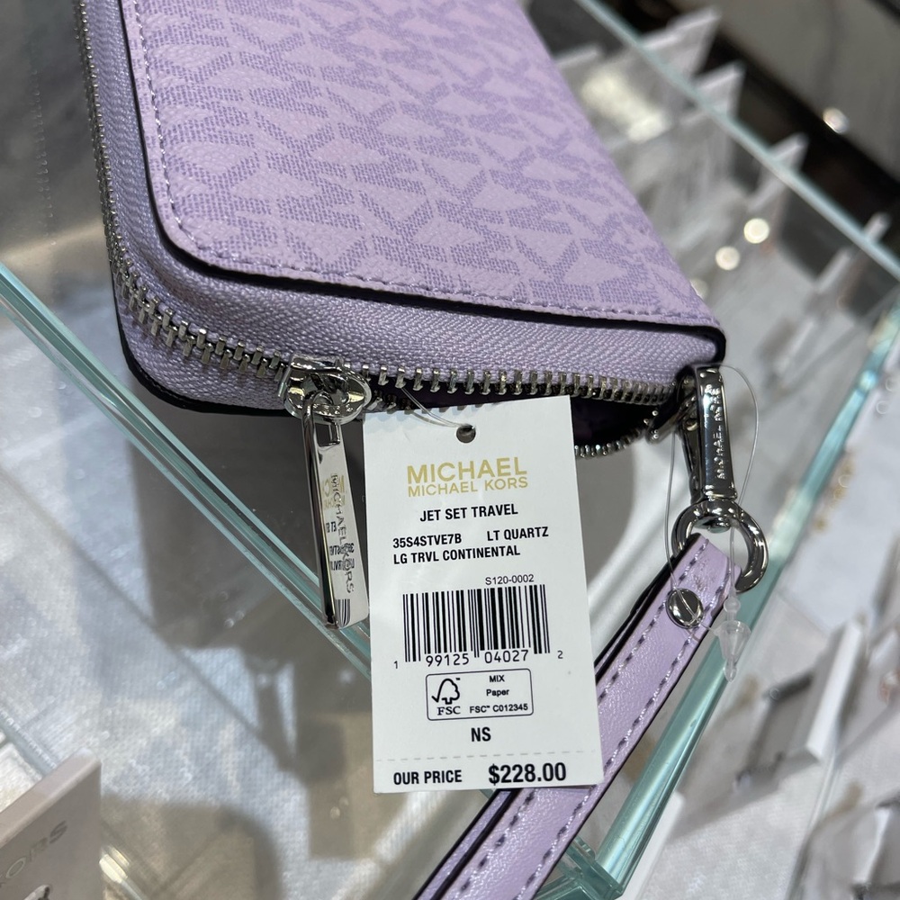 MICHAEL KORS Jet Set Large Signature Logo Continental Wallet Wristlet Lt Quartz - Picture 7 of 16